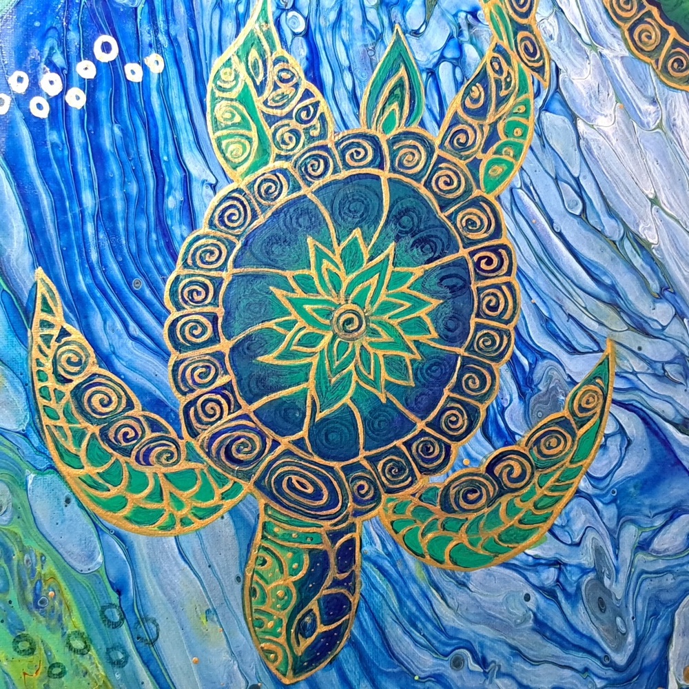 Hand Crafted Sea Turtle Fluid Wall Art Painting - Picture 3 of 15